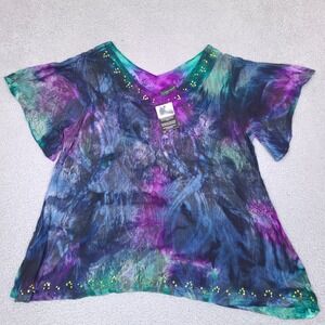 Greater Good Tunic‎ Top Womens Plus 1X Blue Purple Green Tie Dye Sequin India